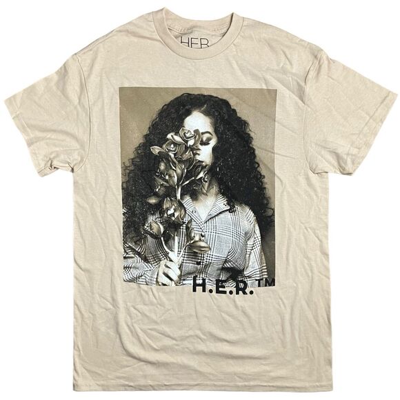H.E.R T-Shirt Adult M Beige Floral Gabriella Sarmiento R&B Artist Portrait Art - Picture 7 of 7